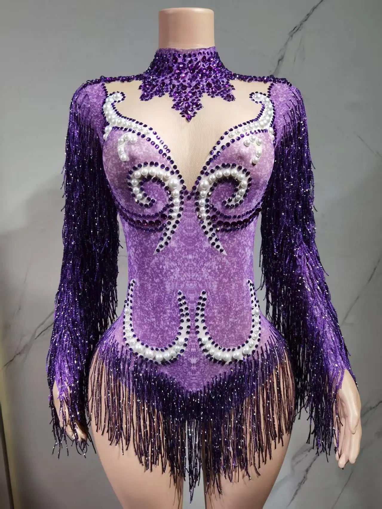 Luxury Gray Fringe Silver Rhinestones Pearls Transparent Bodysuit Women Dance Show Costume Birthday Party Outfit