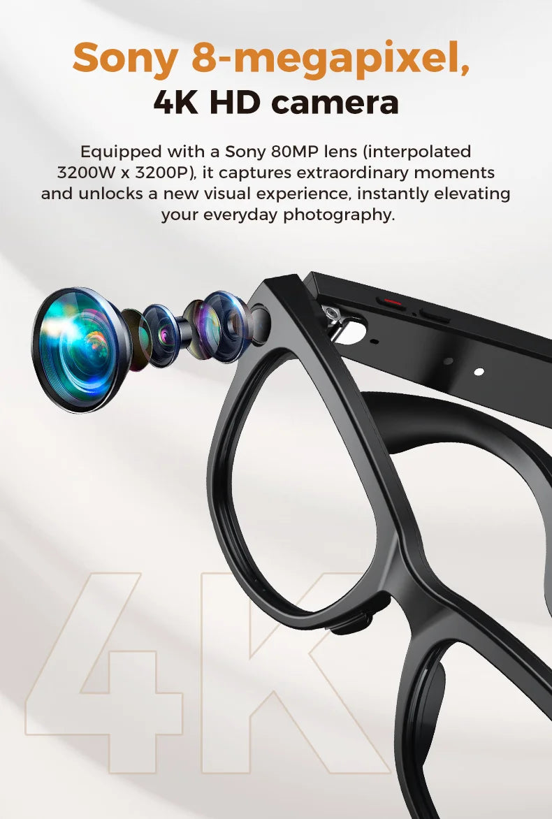 Bluetooth Camera Smart Glasses 4K 1296P Photo Video Open-Ear Dual Speakers Touch Button Control OTA APP 4GB Memory sunglasses