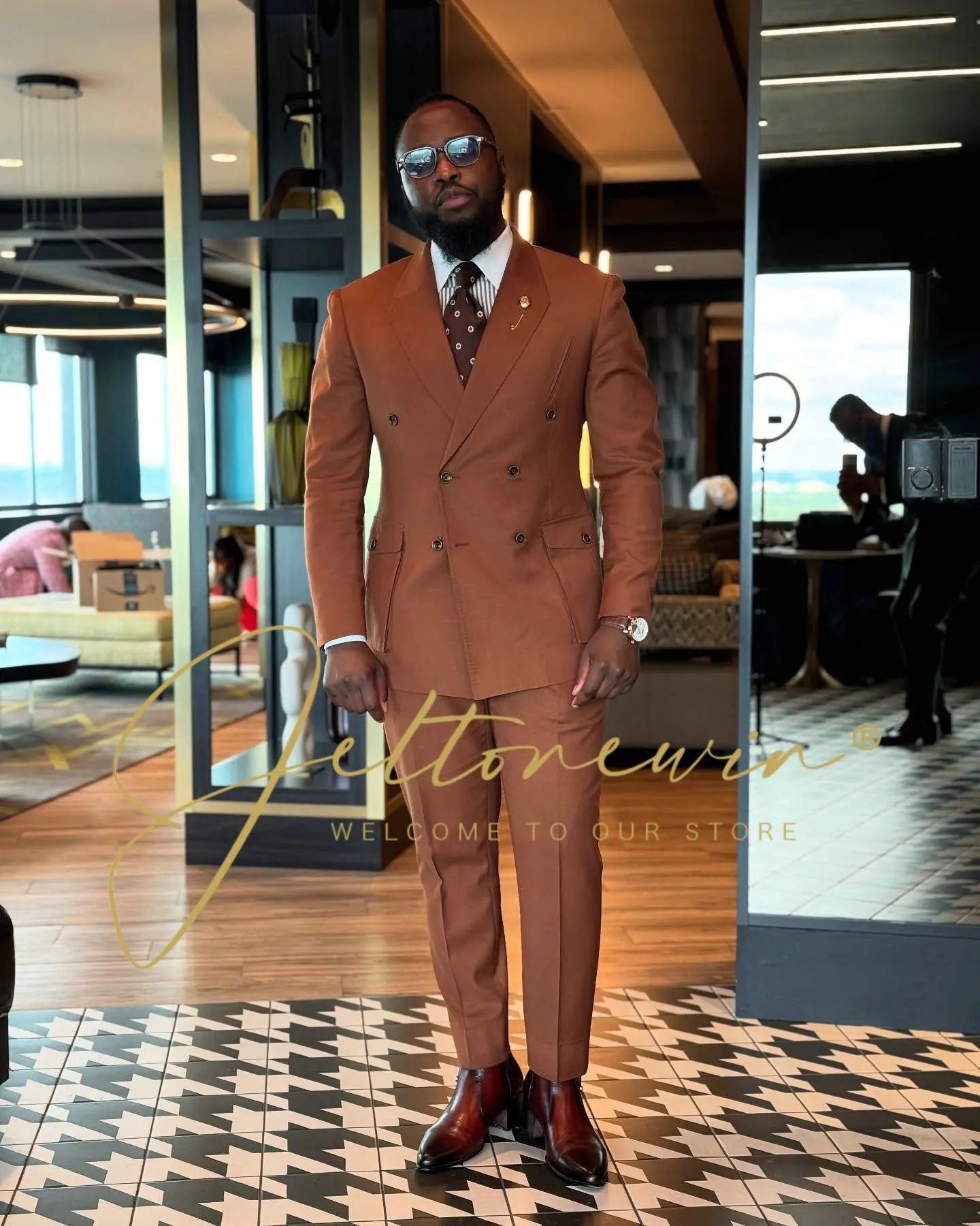 Blue Gold Jacquard Double Breasted Suit for Men Shawl Lapel Slim Fit Luxurious Fashion Statement Wedding Groom Stage Wear homme