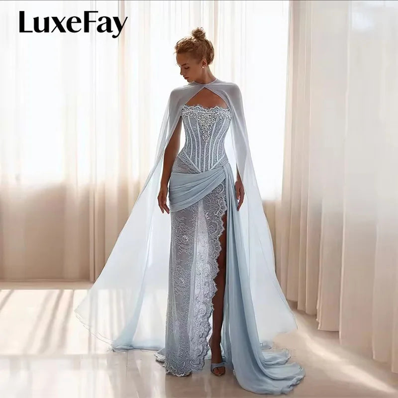 LuxeFay Blue Mermaid Lace Embroidery Prom Dresses Shawl Strapless vestidos de noiva Draped High Split Formal Evening Customized