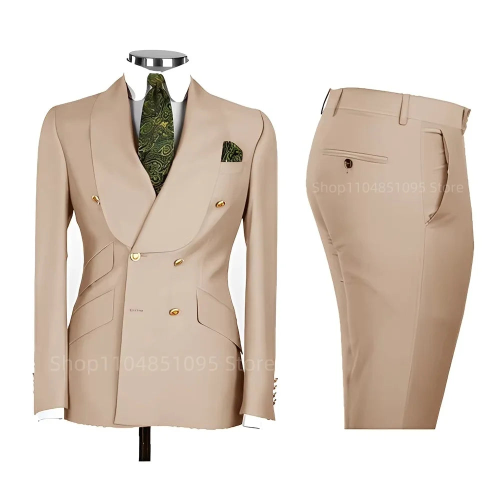 2 PCS Men's Smart Casual Solid Formal Tuxedo Suits with Shawl Lapel Double Breasted Jacket And Pants for Business And Wedding