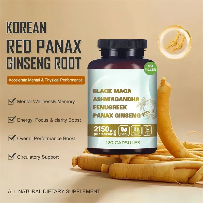 Black Maca Root, Ashwagandha, Panax Ginseng, Fenugreek Capsules, Male Enhancing Supplement Natural 4-in-1 Organic Original