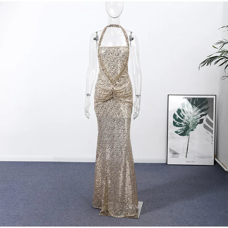 Women's Gold Sequin Halter Gown Square Neck Ruched Detail Mermaid Train Slim Fit Elegant Evening Party Formal Lady Fashion Dress