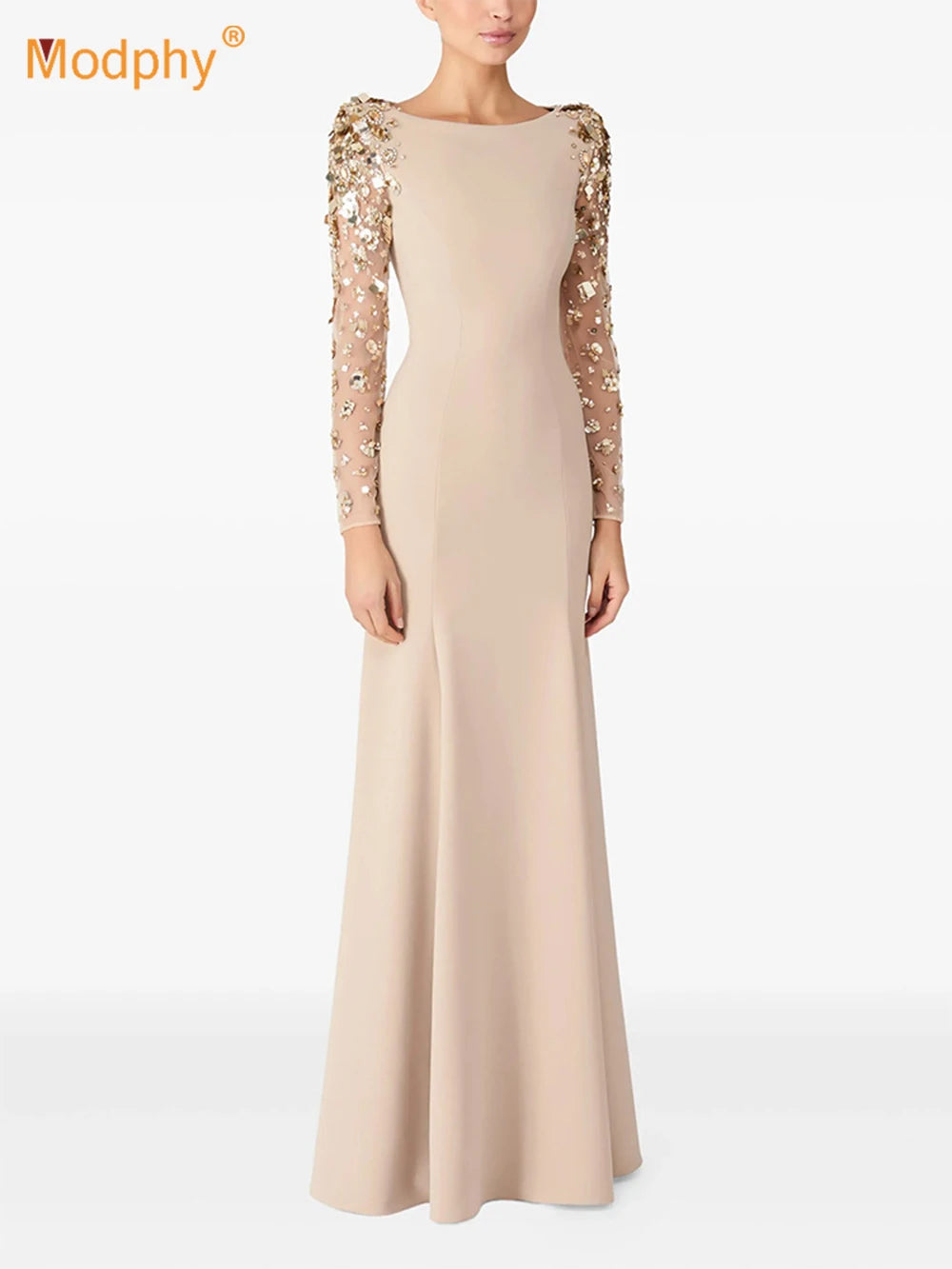 Modphy Diamonds Beaded Sequins Formal Evening Dress Lace Long Sleeves Mermaid Women's Gowns Trumpet Elegant Wedding Party Dress