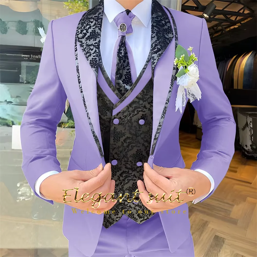 Men's 3-Piece Suit Set, Black Jacquard Vest, Contrast Style, Suit, Vest & Trousers, Weddings & Celebrations Choice