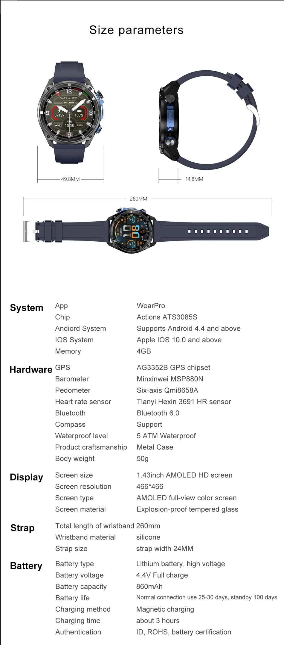 2026 Newly upgraded GPS Military Sports Smart Watch 860mAh 1.43-inch AMOLED Compass Altimeter Call 5ATM Waterproof Sports Watch