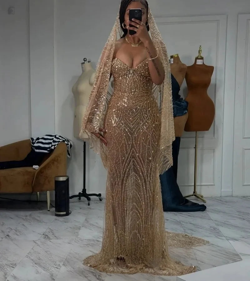 Gold Long Prom Dresses For Black Girls Sweetheart Sparkly Beaded American African Evening Gowns Birthday Party Robe Customized