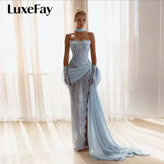 LuxeFay Blue Mermaid Lace Embroidery Prom Dresses Shawl Strapless vestidos de noiva Draped High Split Formal Evening Customized