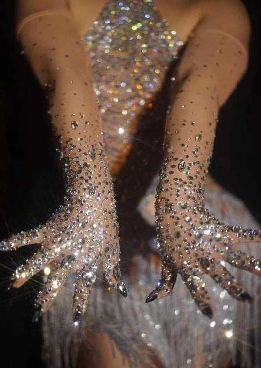 Luxurious Stretch Rhinestone Gloves WomenSparkling Crystal Mesh Long Perspective GlovesDancer Singer Stage Wear Accessories  7G