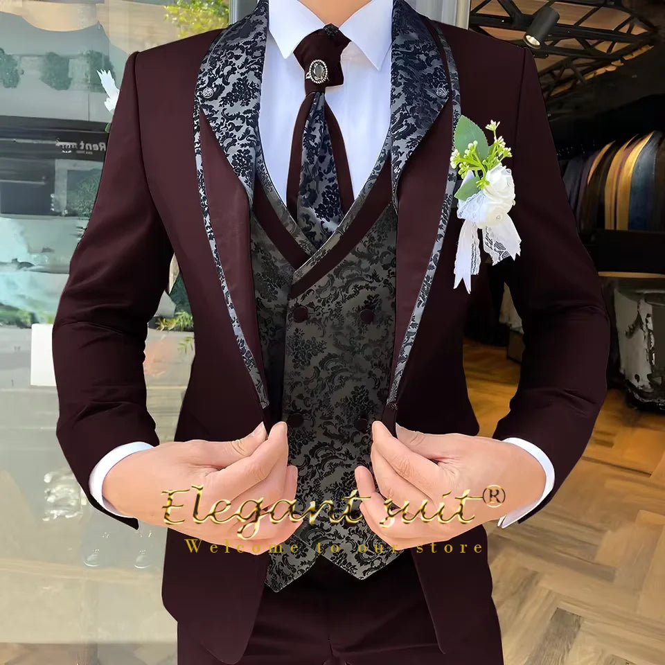 Men's 3-Piece Suit Set, Black Jacquard Vest, Contrast Style, Suit, Vest & Trousers, Weddings & Celebrations Choice