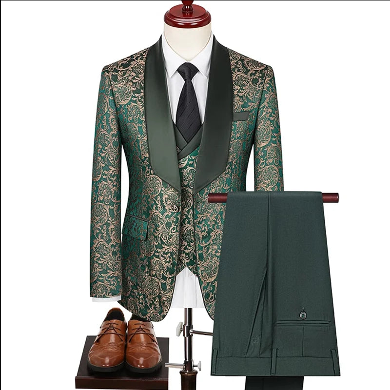 Men High Quality Wedding Jacquard Suits Fashion Male Business Social Dance Party Dress Blazers and Pant with Vest
