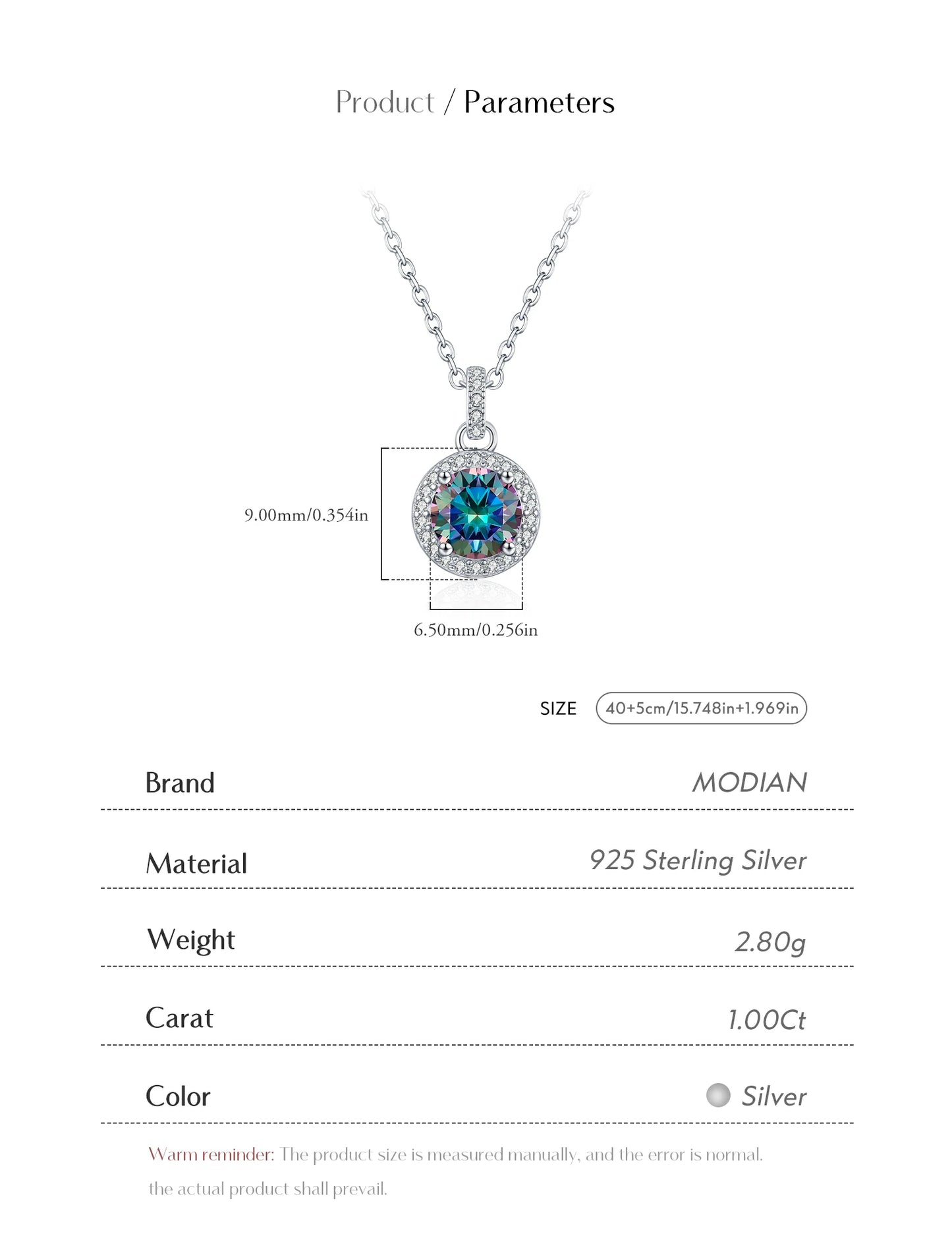 MODIAN 1CT Multicolor Round Moissanite Necklaces 925 Sterling Silver Luxury Classic Pendant Necklace For Women Fine Jewelry