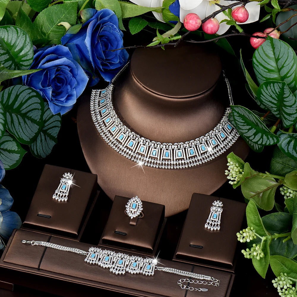 High Quality Charming Heartwarming Jewellery Necklace Earrings Ring Blue 4 Pcs Daily Party Banquet Wedding Women Costume M-563