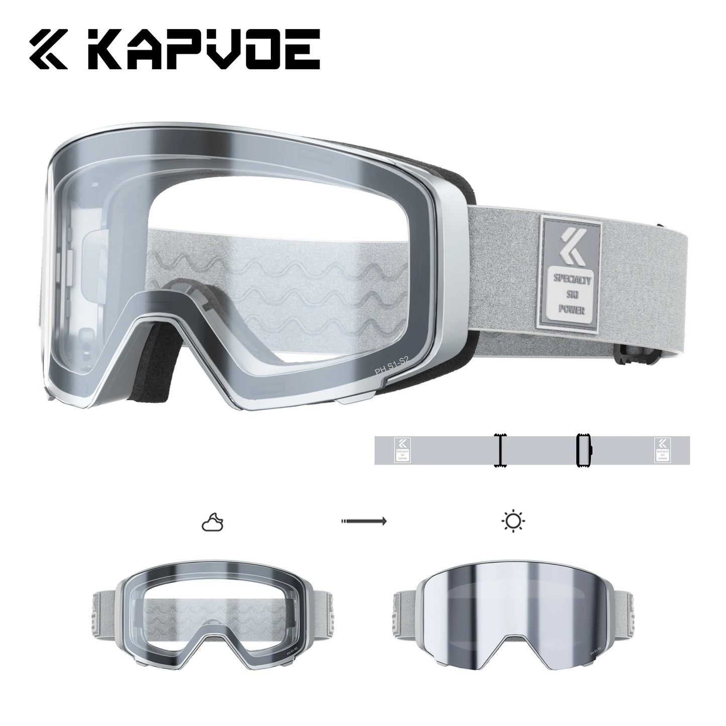 Kapvoe Photochromic Ski Goggles Magnetic Anti-Fog Lenses UV400 Protection Men Women Ski Goggles Snow Sunglasses Sports Eyewear
