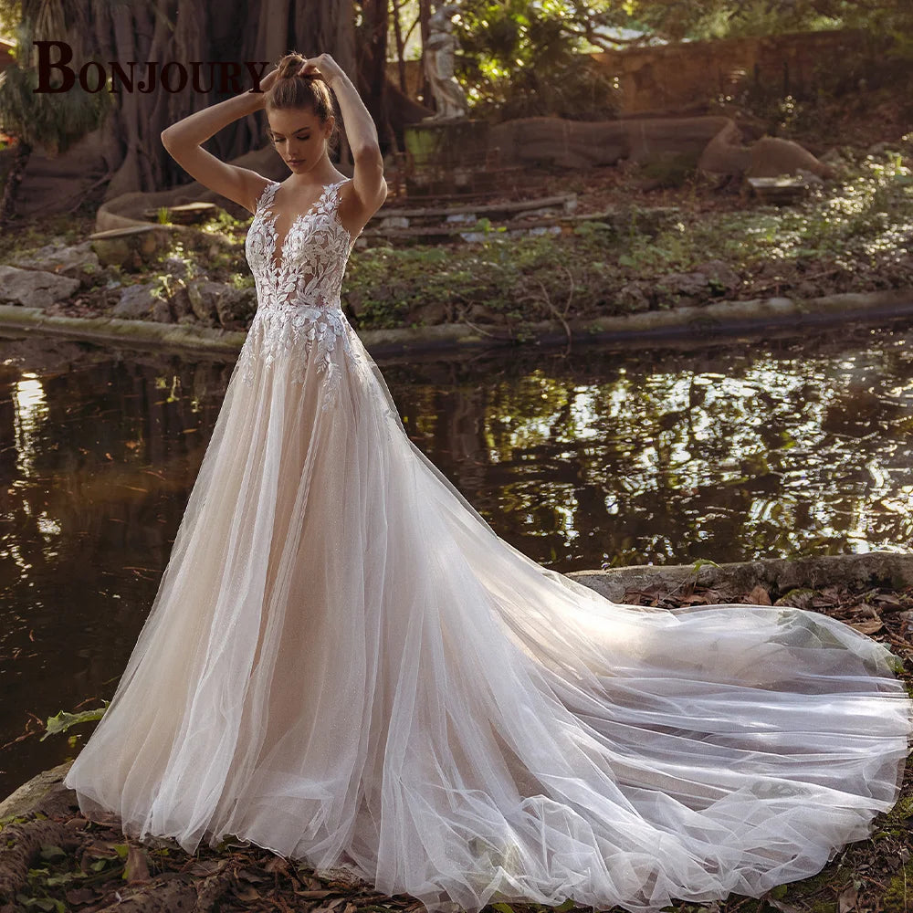 BONJOURY Charming Wedding Dress Mermaid Appliques Button Off the Shoulder Court Train Vestidos De Novia Brautmode Customized