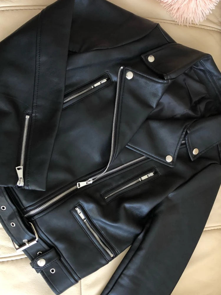 Ailegogo Spring Autumn Women Moto Biker Black Pu Fuax Leather Jacket Streetwear Female Belt Zipper Slim Fit Short Coat Outwear