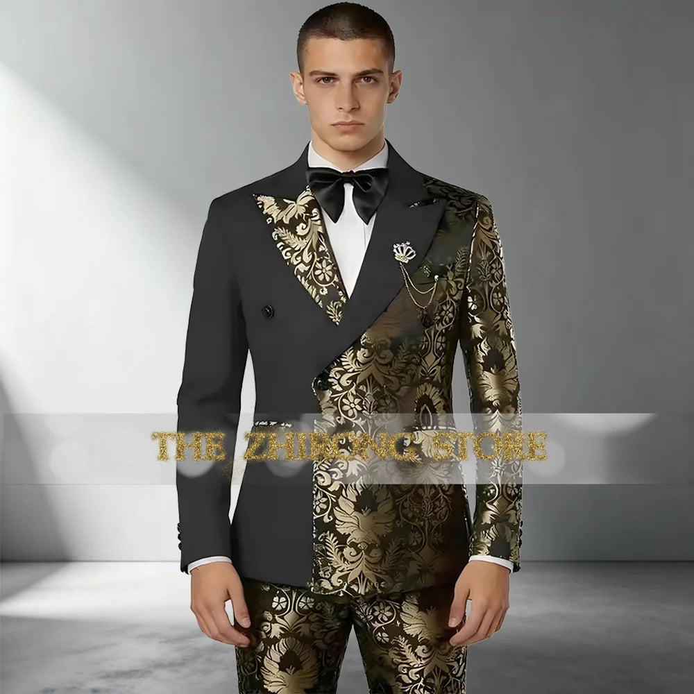 Black Gold Jacquard Suit of Mens 2pcs Double Breasted Jacket Pants Tailored Clothes for Wedding Grooms Banquet Party Tuxedo