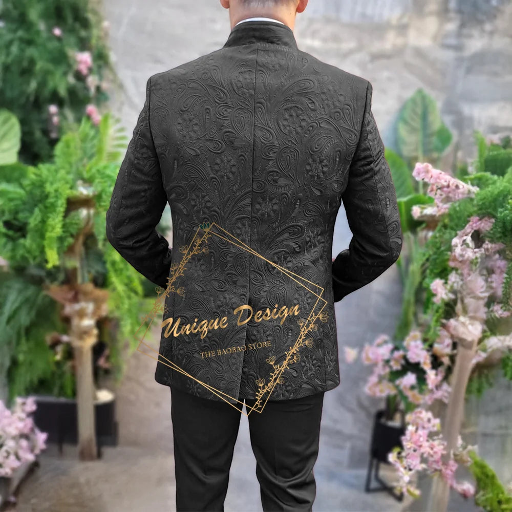 Black Jacquard Men's 3-Piece Deluxe Custom Jacket Vest Pants Slimming Set for Wedding Groom Banquet Prom Party Custom Tuxedo