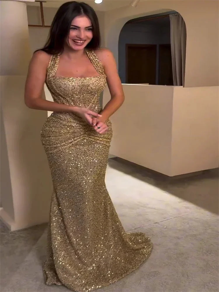 Women's Gold Sequin Halter Gown Square Neck Ruched Detail Mermaid Train Slim Fit Elegant Evening Party Formal Lady Fashion Dress