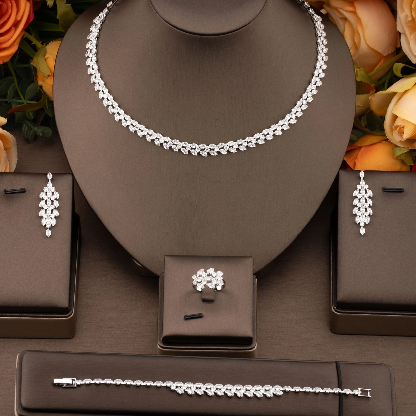 1 Set of Luxurious and Elegant Jewelry Set with Sparkling Cubic Zirconia in a Willow Design, Suitable for Women to Wear at Weddi