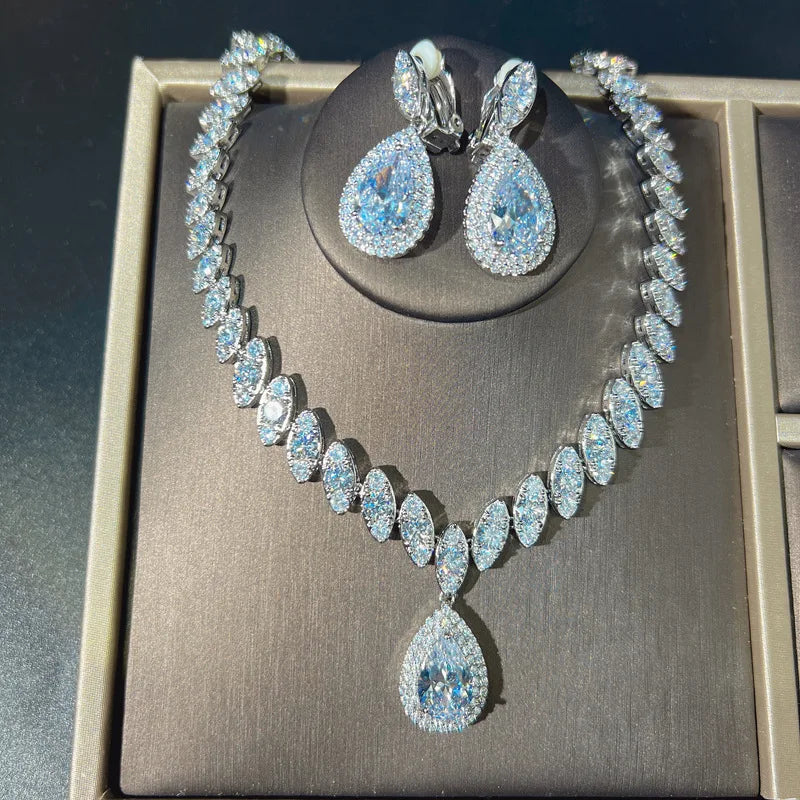 Charm Flower Lab Diamond Jewelry Set 14K White Gold Engagement Wedding Earrings Necklace for Women Bridal Promise Gift