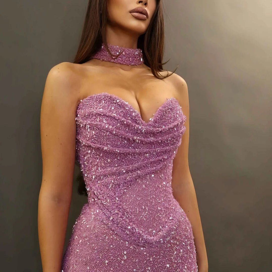 Bella Customize Pink Sequin Strapless Backless robes de soirée Sleeveless A-line Prom Dresses Floor-Length Wedding Dress 2025