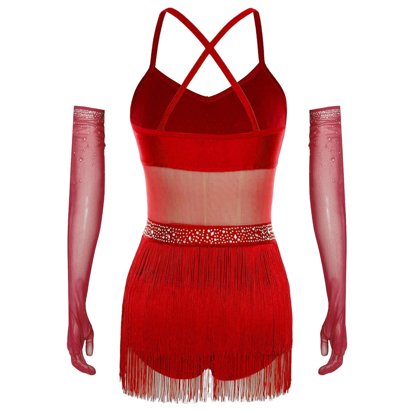 Womens Latin Dance Dress Sheer Mesh Patchwork Tiered Tassel Bodysuit Dress and Gloves for Tango Samba Dance Ballroom Dancewear