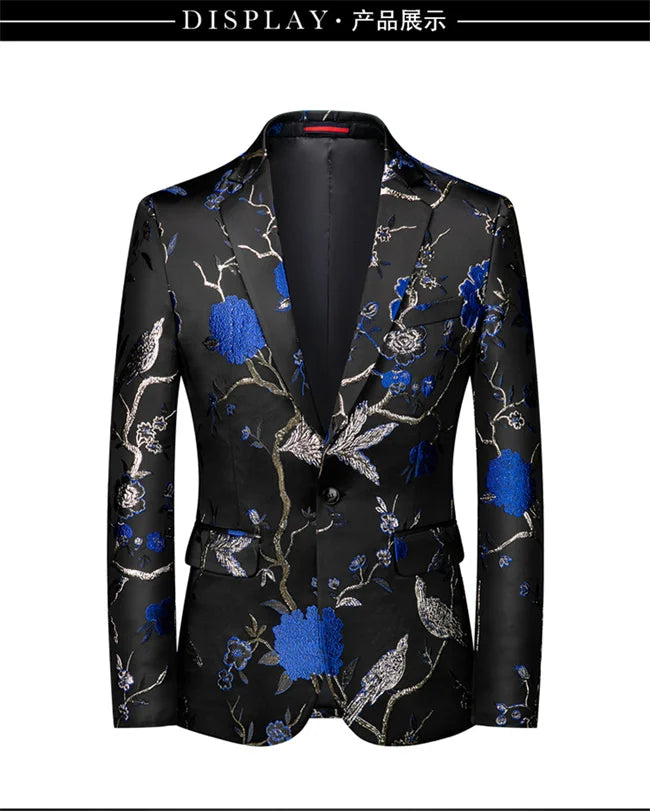 New Men Fashion Trend Wedding Party Jacquard Suit Jacket Single-breasted Slim Blazer Singer Host Stage Performance Dress Coats