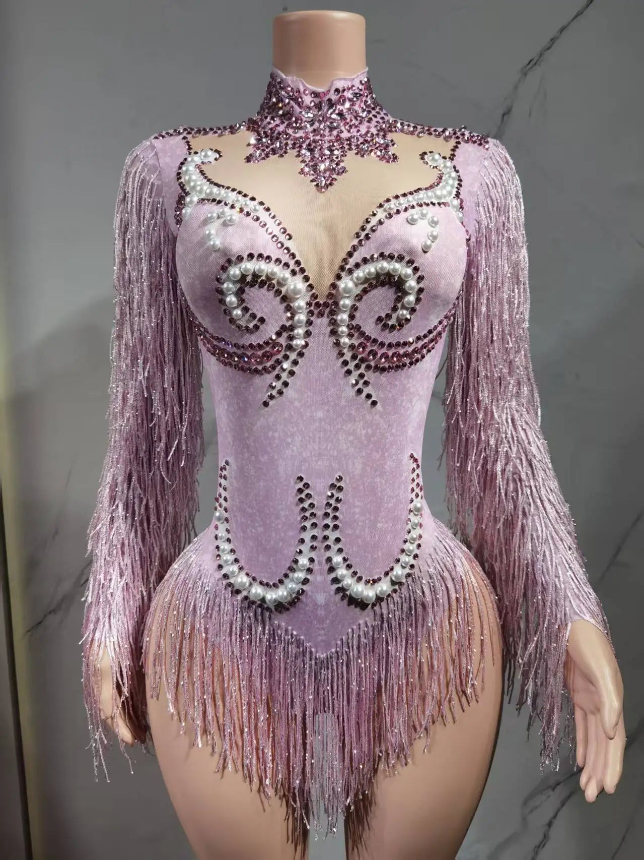 Luxury Gray Fringe Silver Rhinestones Pearls Transparent Bodysuit Women Dance Show Costume Birthday Party Outfit
