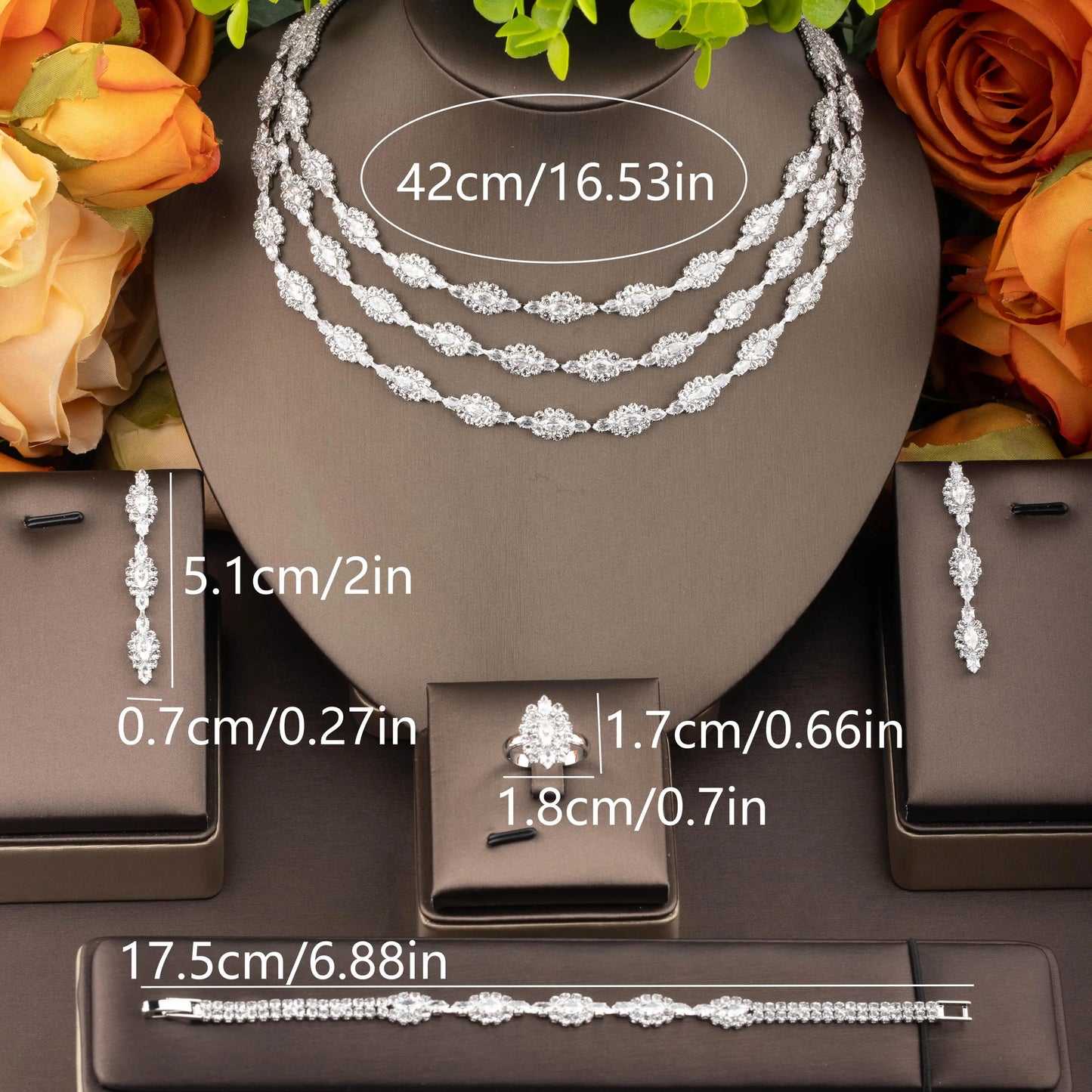 1 Set of Luxurious and Elegant Jewelry Set with Shiny Cubic Zirconia, Three-Layer Stacked Flower Cluster Decoration, Suitable for Women to Wear at Weddings and Banquets. Gift Box Not Included