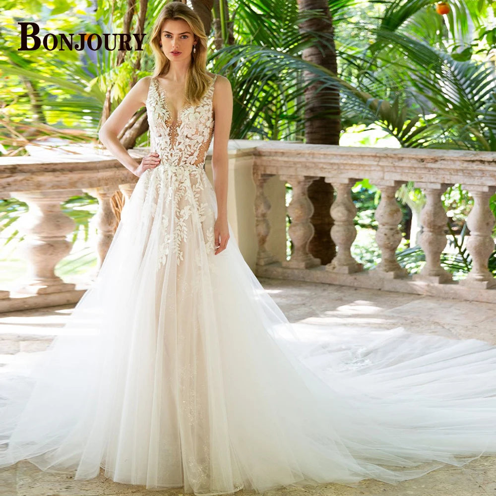 BONJOURY Charming Wedding Dress Mermaid Appliques Button Off the Shoulder Court Train Vestidos De Novia Brautmode Customized