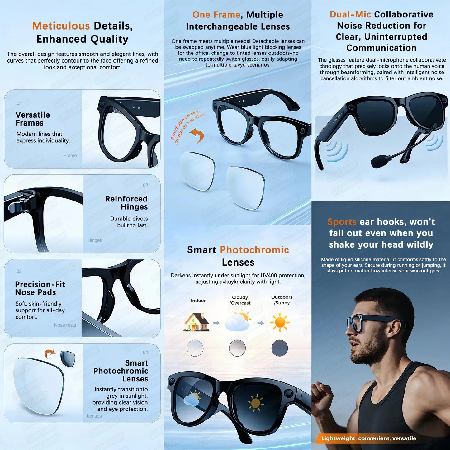 Bluetooth Camera Smart Glasses 4K 1296P Photo Video Open-Ear Dual Speakers Touch Button Control OTA APP 4GB Memory sunglasses
