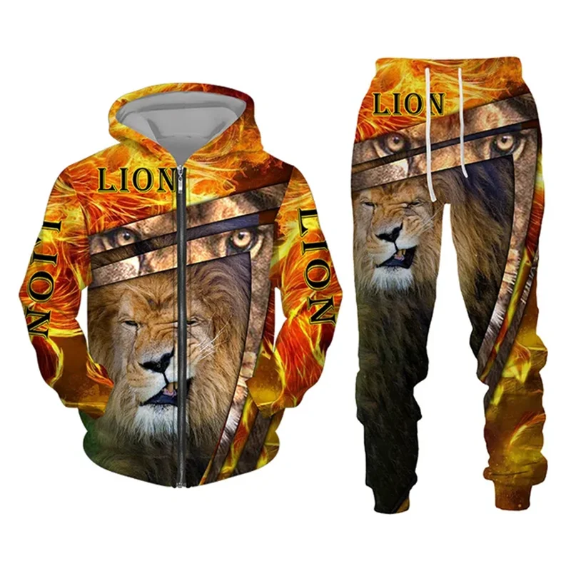 Men's Zip Hoodie Tracksuit Full Hoodies Set Lion Graphic Zipper 2 Piece Hooded Sports Outdoor Casual Sports 3D Print Streetwear