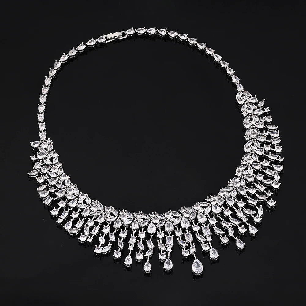 Luxury 4pcs Bridal Wedding Jewelry Set Cubic Zirconia Dubai Tassels Necklace Earrings Sets for Women Party Dress