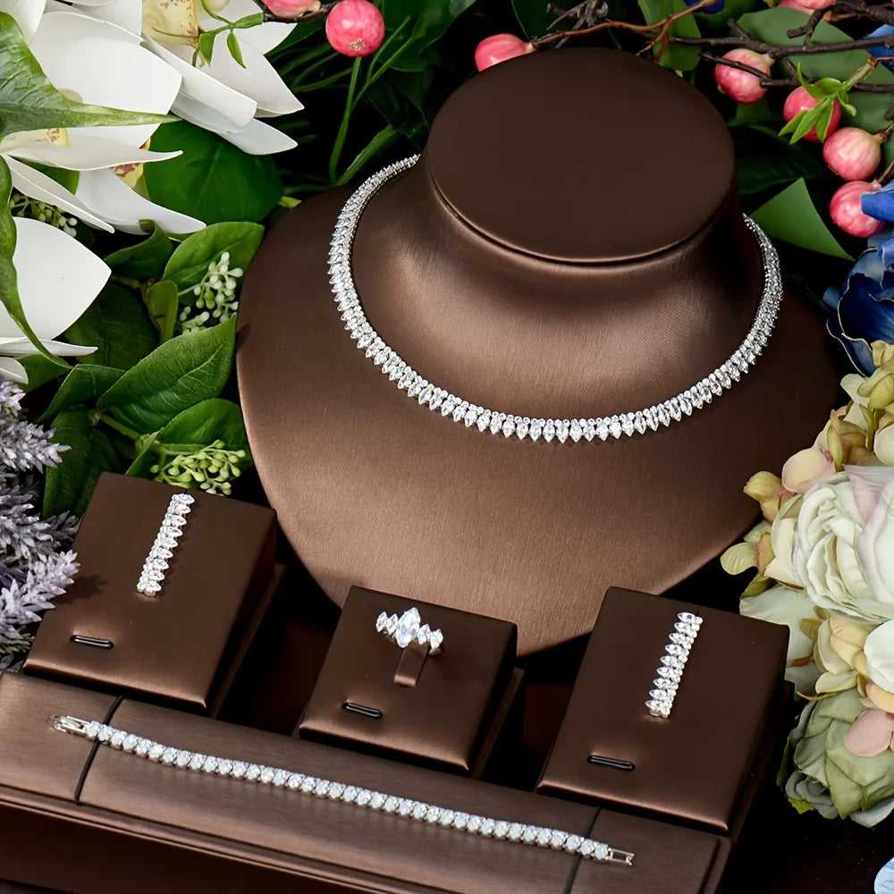 Latest Bridal Wedding Jewelry Sets High Quality Leaf Round Design Women Anniversary 4pc Necklace and Earring Sets S-346