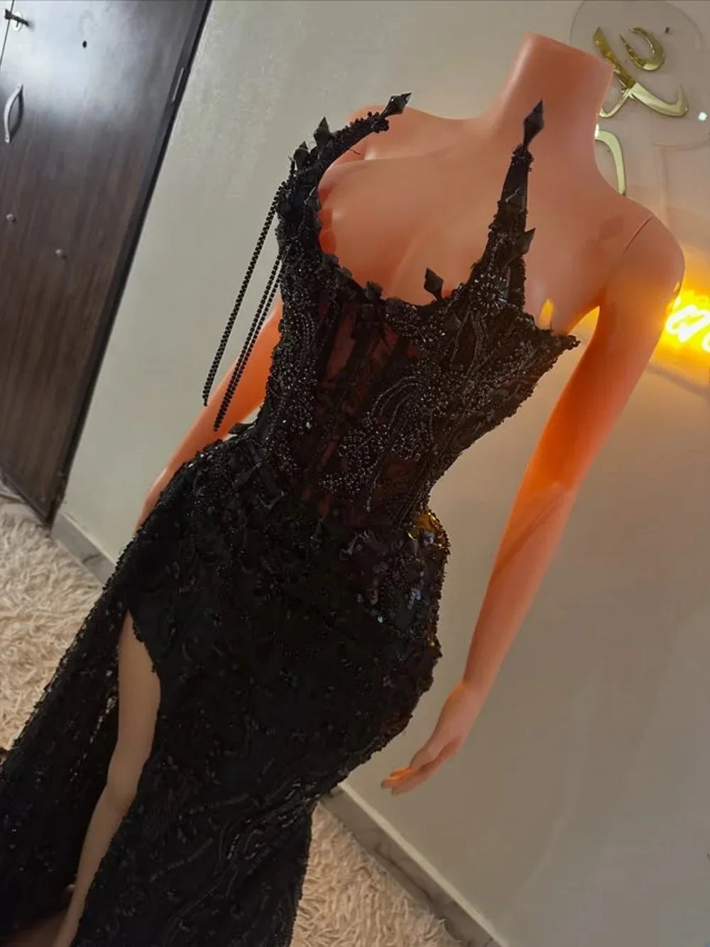 Sparkly African American Prom Dresses For Black Girls Mermaid Sheer Lace Beaded Slit Robe De Soiree Evening Gown Customized