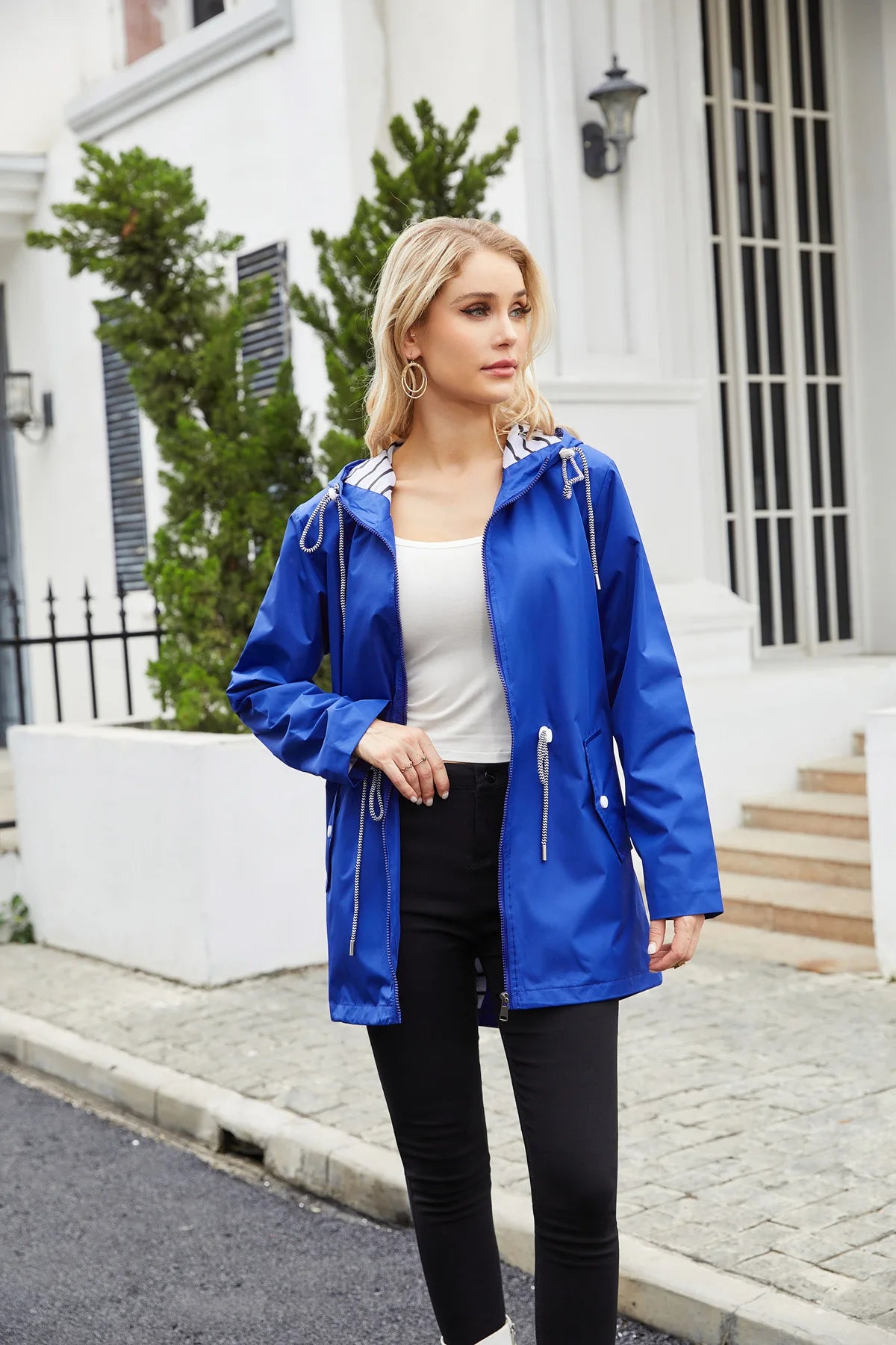 Red Waterproof Hooded Jacket, Women Fashion Casual Coat, Waist Drawstring Tie Zipper Switch Blue Green Yellow Black Windbreaker