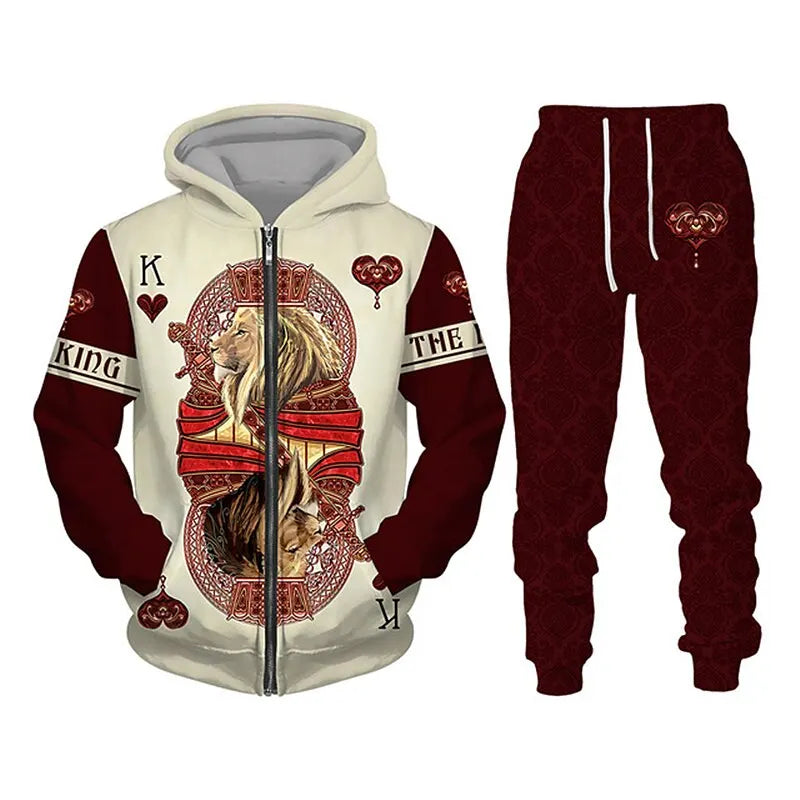 Men's Zip Hoodie Tracksuit Full Hoodies Set Lion Graphic Zipper 2 Piece Hooded Sports Outdoor Casual Sports 3D Print Streetwear