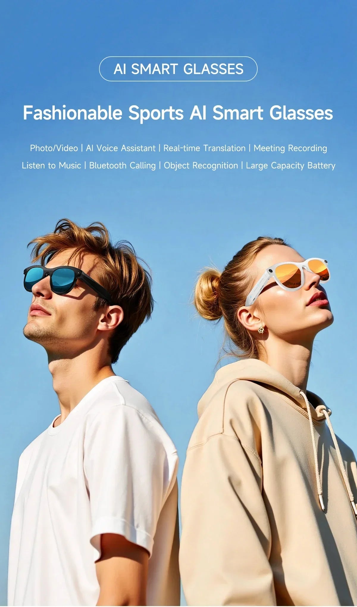 New Smart Glasses Men 8MP Camera WiFi Bluetooth Touch Control IP65 Waterproof AI Translation Noise Cancelling AI Glasses Women