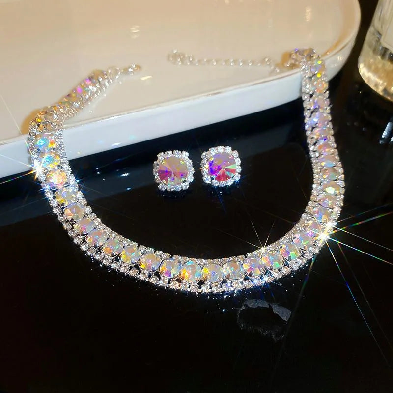 Luxury Green Rhinestone Necklace Stud Earrings For Women Crystal Choker Necklaces Ladies Fashion Weddings Banquet Jewelry Set