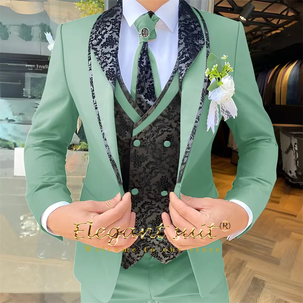 Men's 3-Piece Suit Set, Black Jacquard Vest, Contrast Style, Suit, Vest & Trousers, Weddings & Celebrations Choice