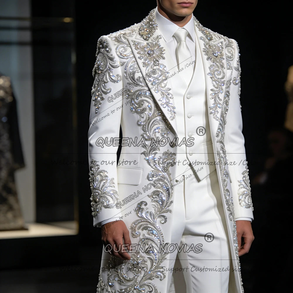 Male Fashion Beaded Suits Long For Wedding 3 Piece Set Single Breasted Prom Blazers Customized Man Banquet Party Tuxedos Outfit