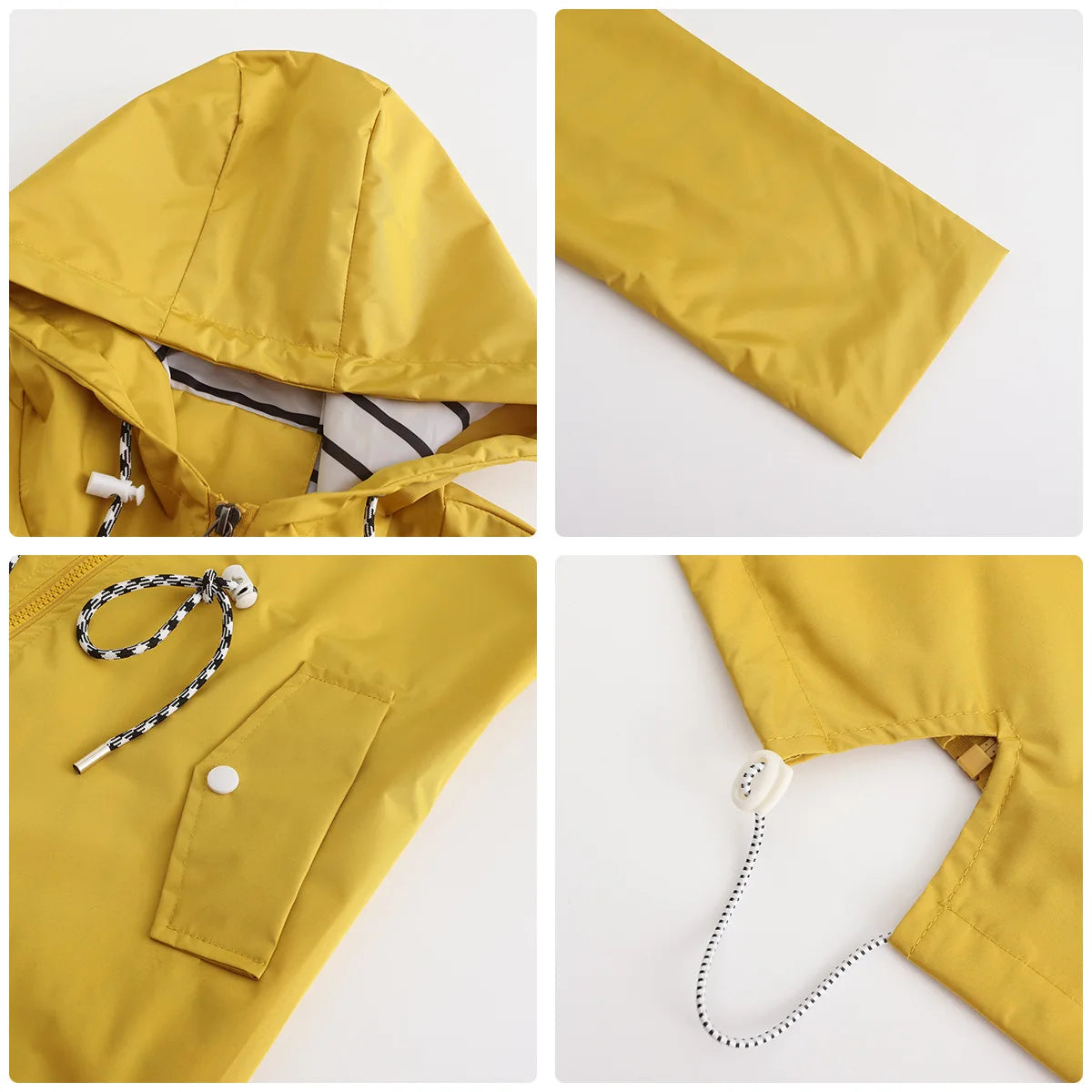 Red Waterproof Hooded Jacket, Women Fashion Casual Coat, Waist Drawstring Tie Zipper Switch Blue Green Yellow Black Windbreaker