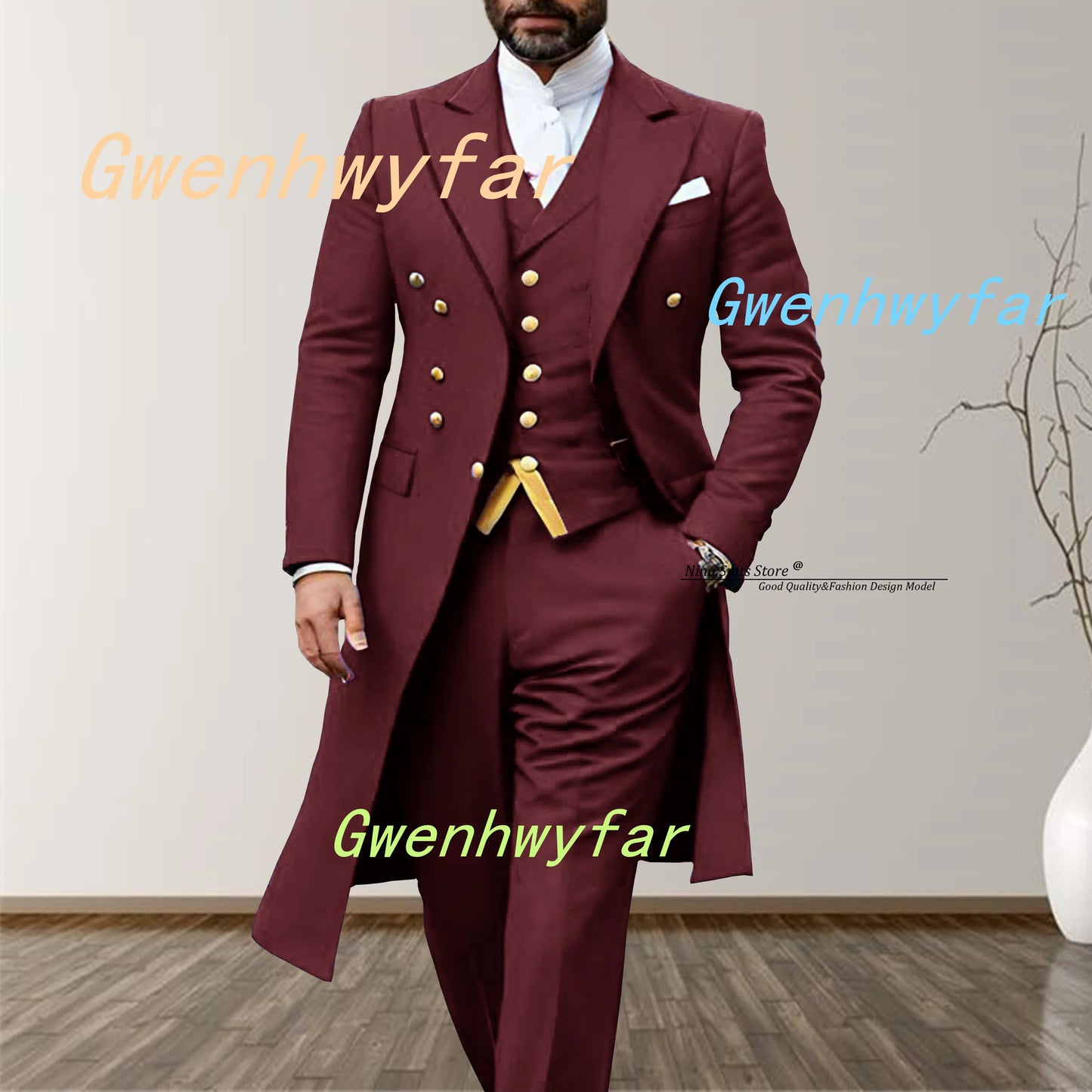 Gwenhwyfar 2025 Elegant Long Men's Suits 3-piece set of Turquoise Men's Wedding Costume with Golden Stitching Vest Casual Pants