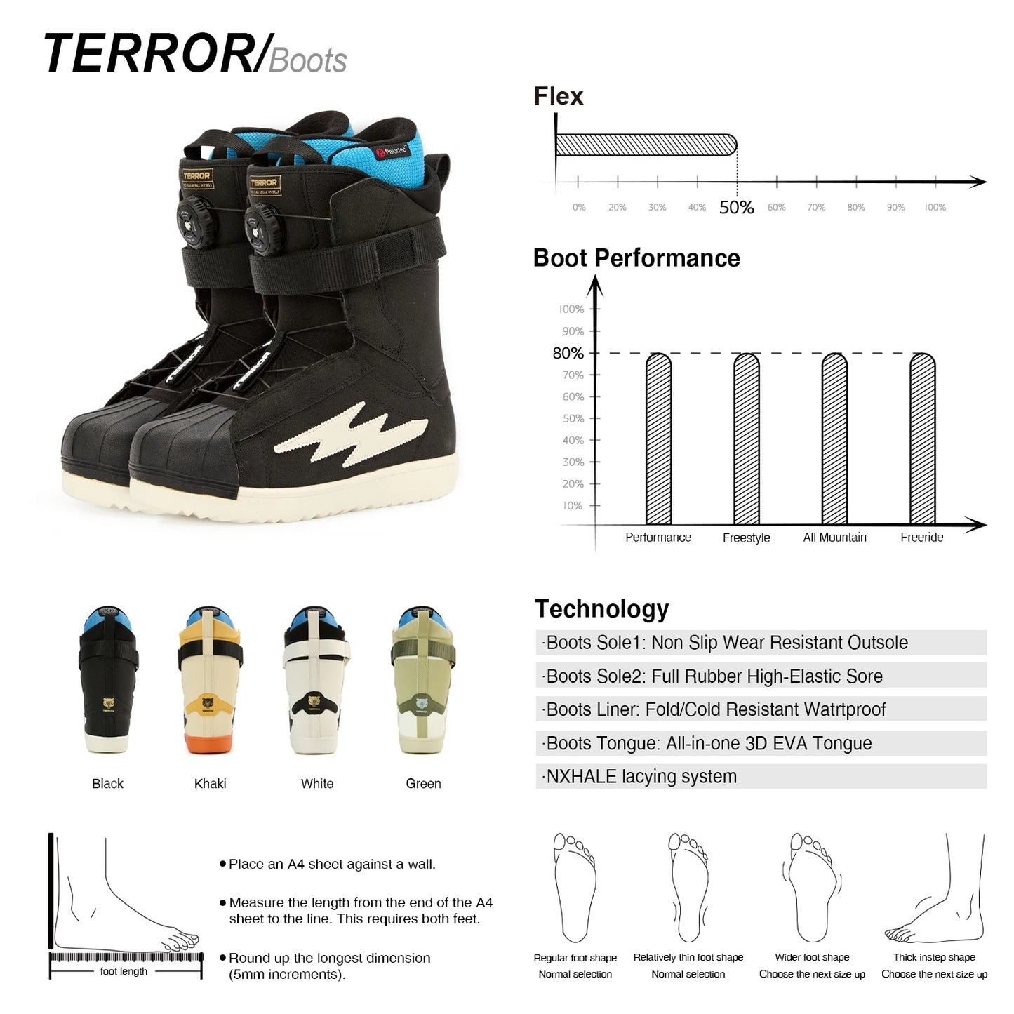 TERROR Snowboard Boot ,NX Dial Knob Lacing Systems and Hook and Loop Straps,Middle Flex,Breathable and Warm Liners - 2025