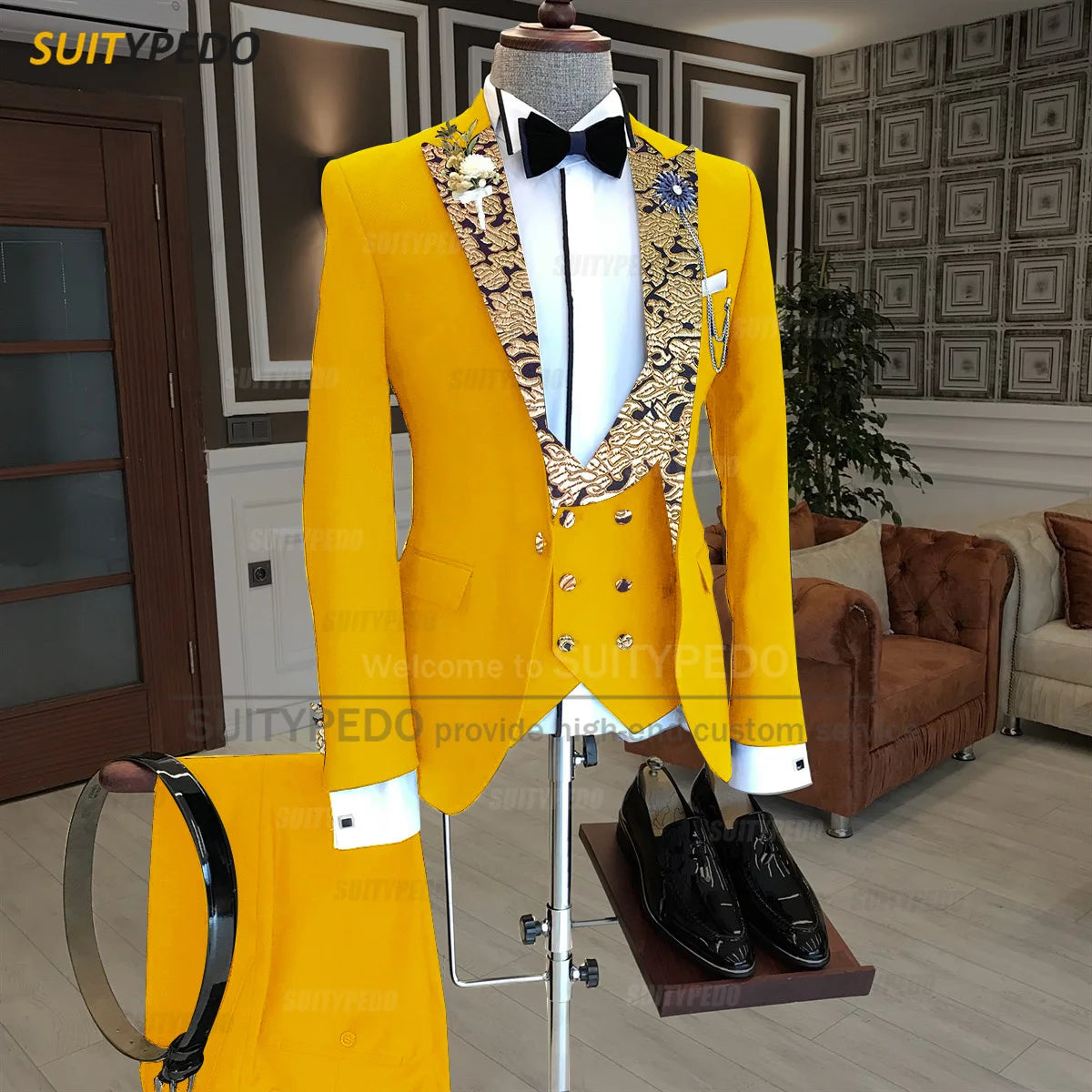 Luxury Men Suits Gold Printed Collar Formal Prom Male Elegant Costume Jacket Vest Pants 3 Pieces Wedding Party Fashion Tuxedos