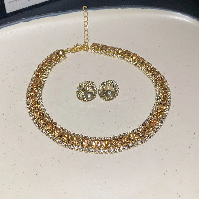 Luxury Green Rhinestone Necklace Stud Earrings For Women Crystal Choker Necklaces Ladies Fashion Weddings Banquet Jewelry Set