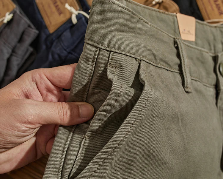 May Khaki American retro simple cargo pants men's heavy chino casual pants straight leg all matching tapered pants