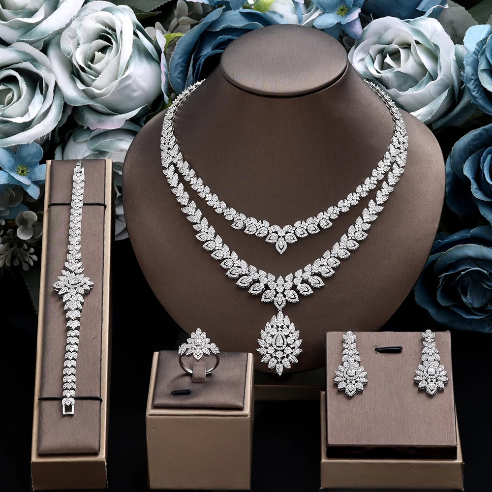 Fashion Zirconia UAE Dubai Bridal Jewelry Set For Women Double Layer Wedding Necklace Set 4pcs Jewelry Accessories