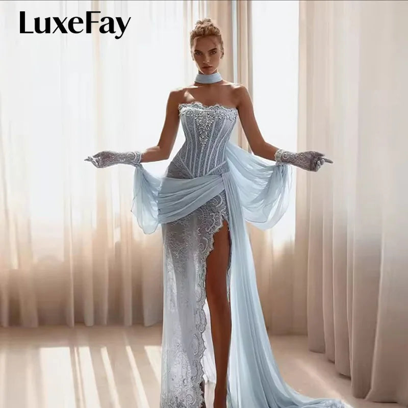 LuxeFay Blue Mermaid Lace Embroidery Prom Dresses Shawl Strapless vestidos de noiva Draped High Split Formal Evening Customized